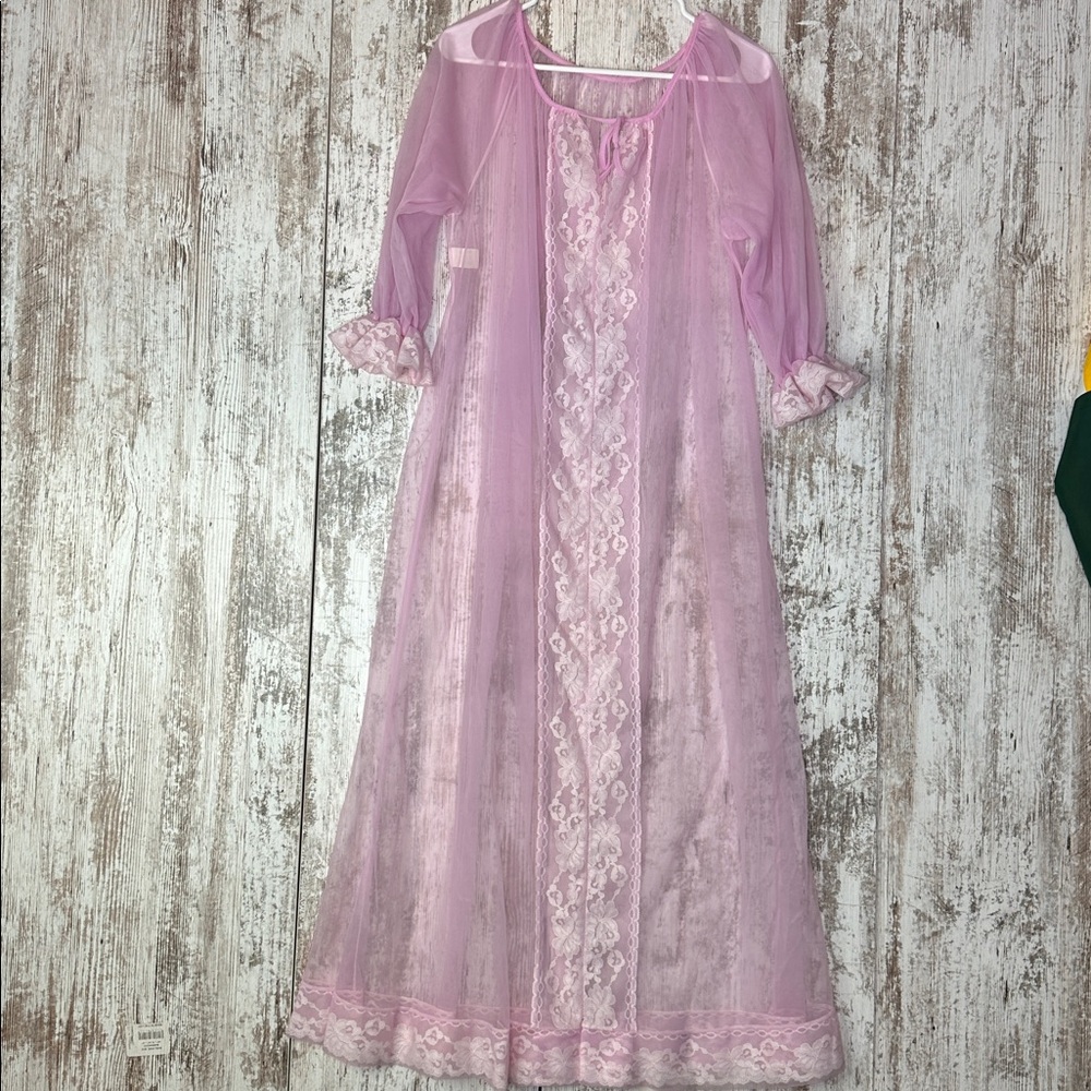 Berkliff Vintage Lace Trim SHEER Pink/Purple Chiffon Negligee Size M